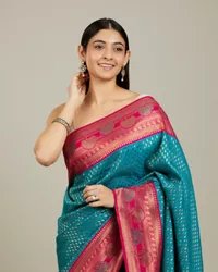 Rama Green Buta Patterned Saree with Floral Leaf Border — image 5