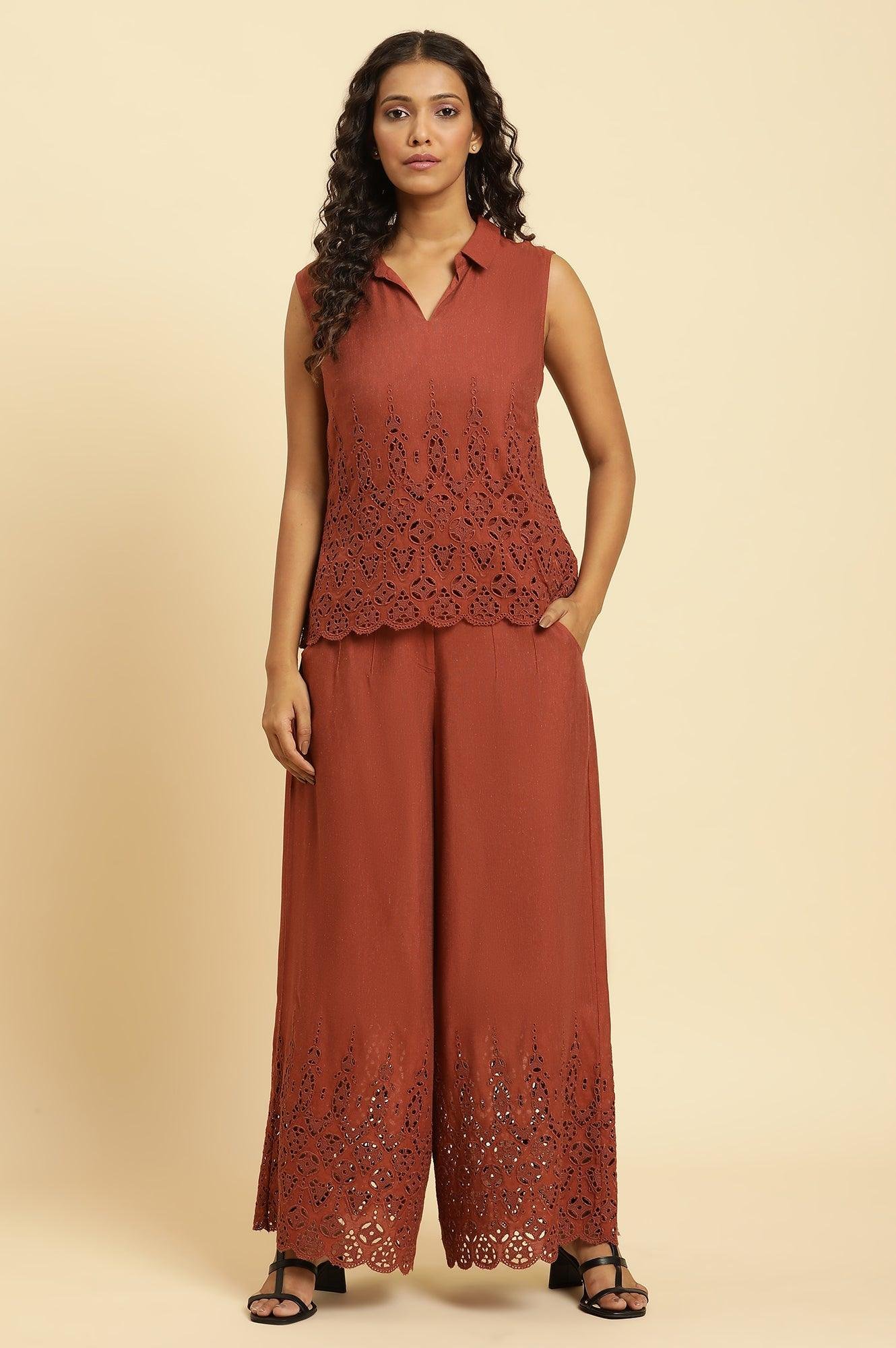 Dark Red Cotton Schiffli Top And Pants Co-Ord Set — image 7