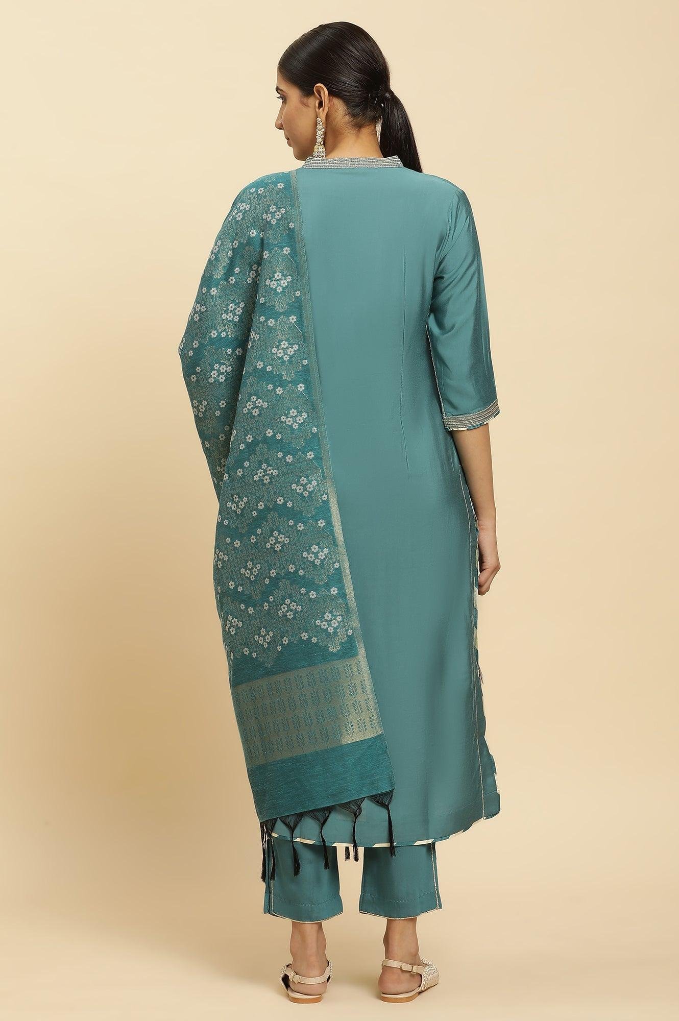 Blue Embellished Kurta, Pants And Jacquard Dupatta Set — image 3