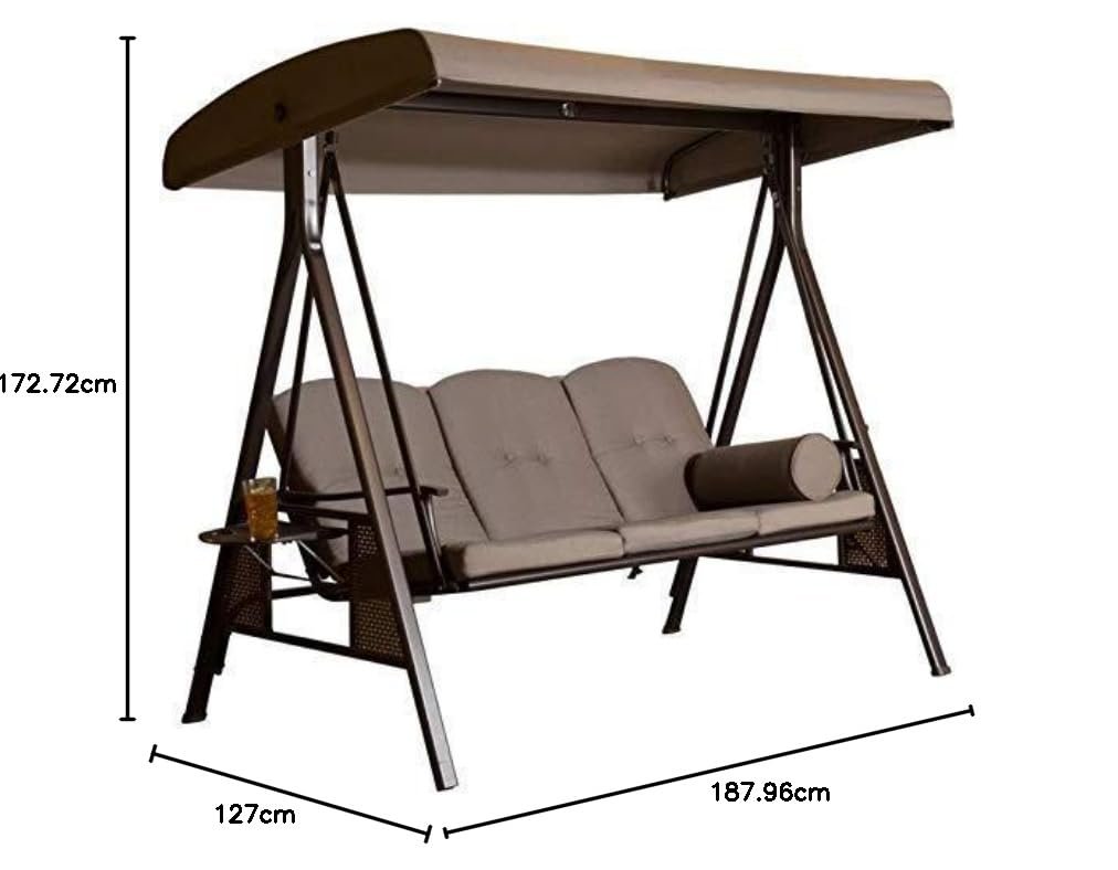 Low Carbon Steel 3 Seater Garden Swing Seat Outdoor Canopy Cushioned Bench- Brown, 127 Centimeters, 188 Centimeters — image 4