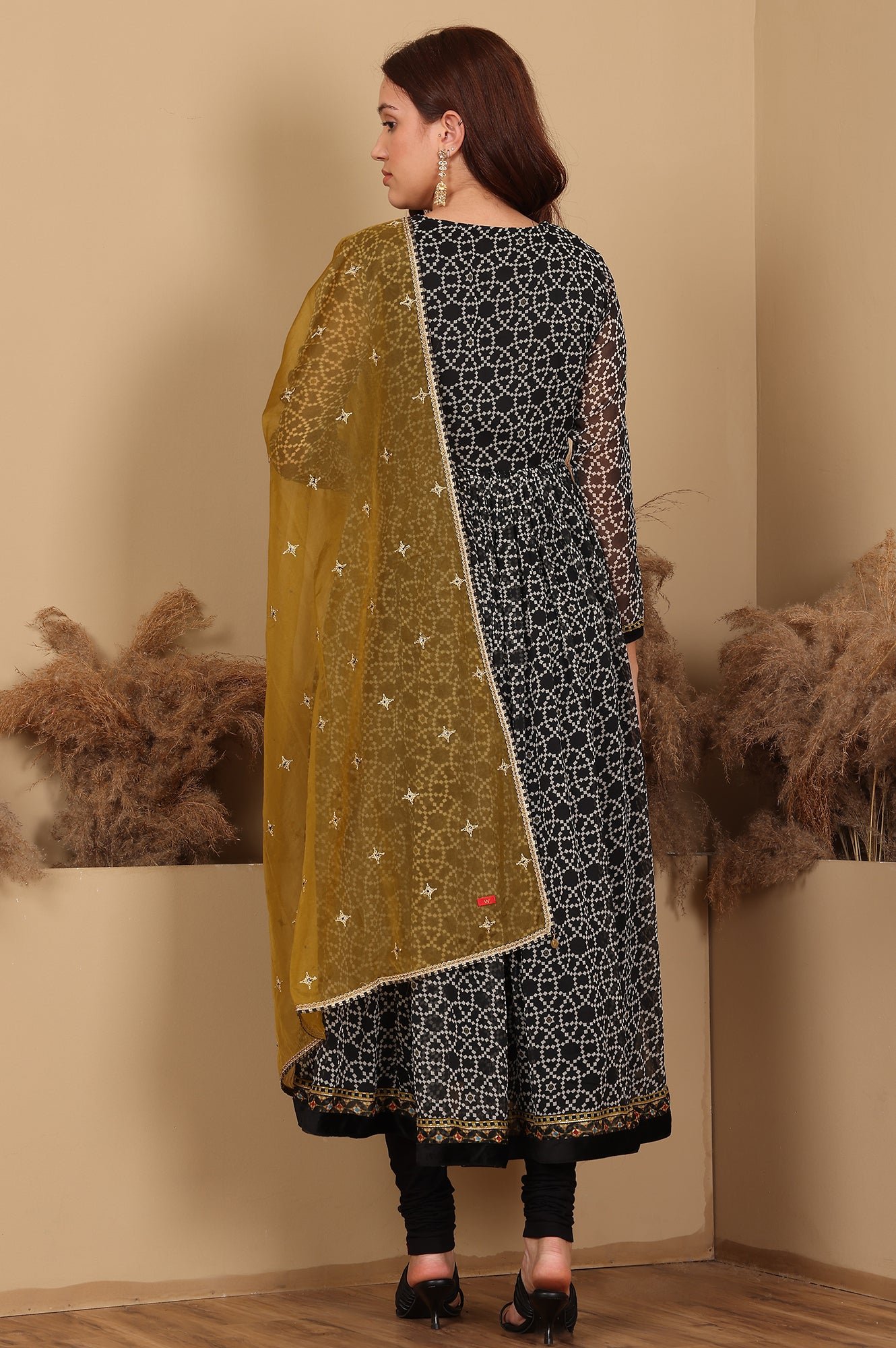 Black Printed Gathered Chiffon Kurta With Embroidery, Churidar And Dupatta Set — image 2
