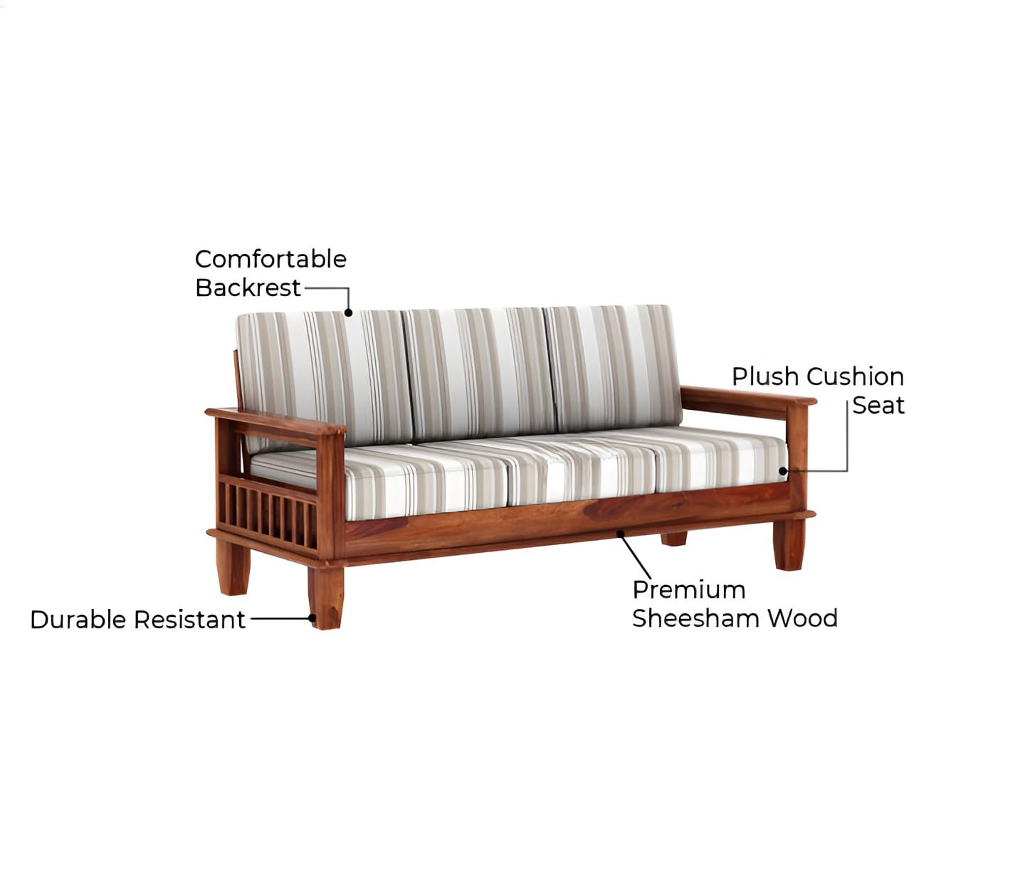 RATANDHARA FURNITURE Solid sheesham Wood Wooden 3 Seater Sofa for Living Room - Sofa with Cousins seat - Sitting Pretty 3-Seater Couch Design 2 (Honey Finish) — image 5