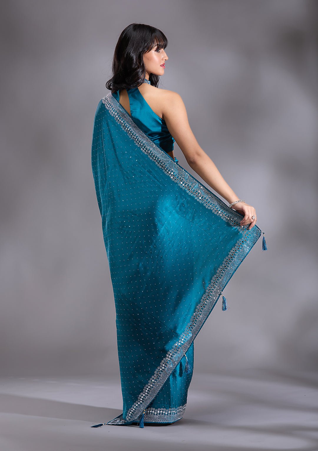Peacock Blue Silver Stonework Satin Saree — image 6