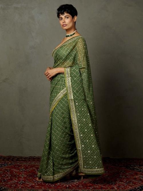 Khaki Rohira Saree With Unstitched Blouse — image 2