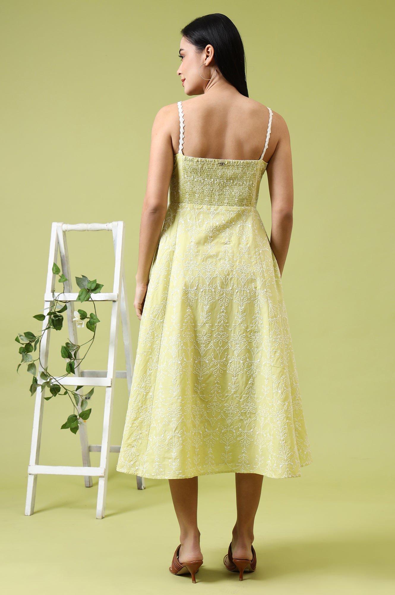 Lime Green Schiffli Embroidered Pure Cotton Flared Spaghetti Dress — image 6