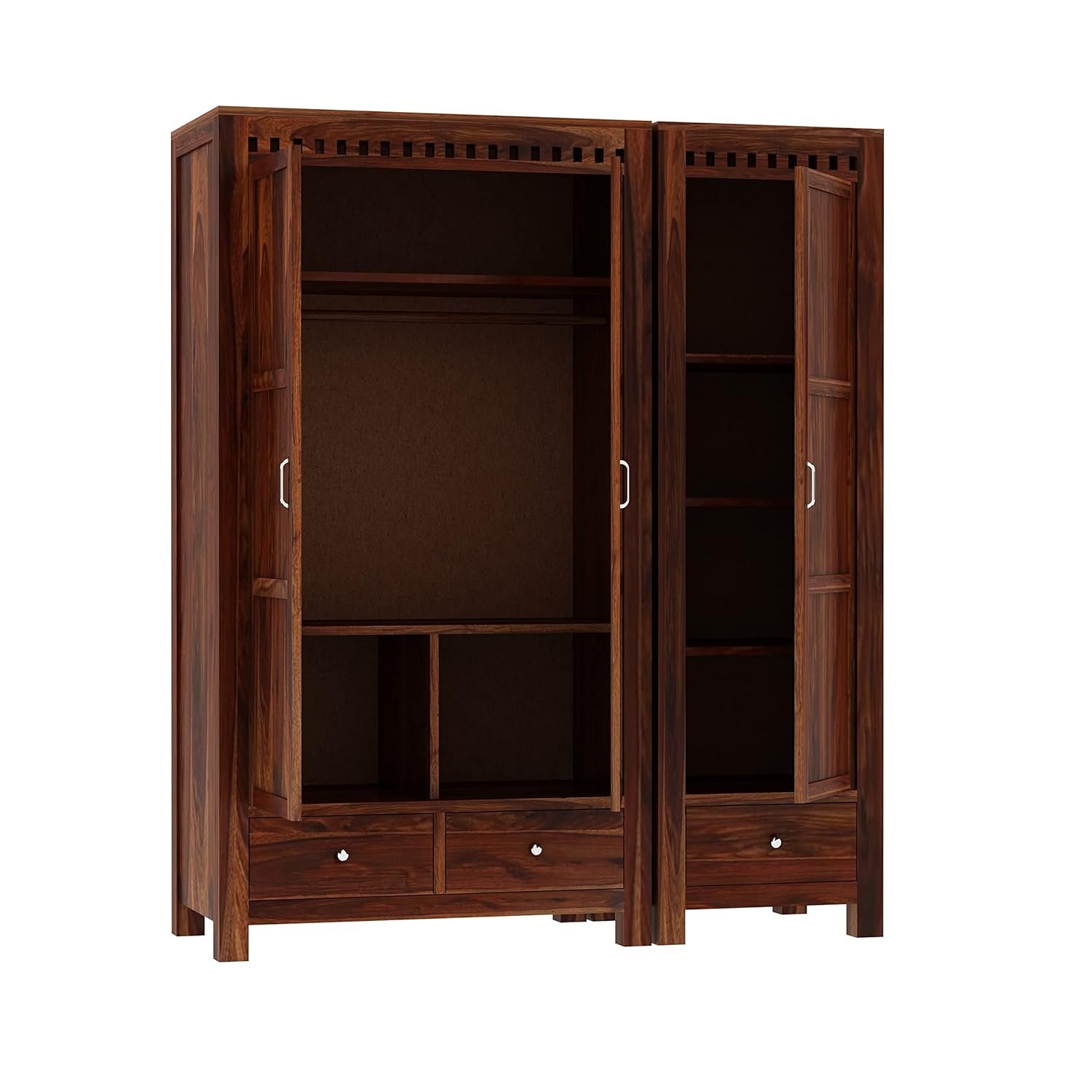 WOODLAB Furniture Sheesham Wood 3 Door Wardrobe Storage with 3 Drawers Wooden Multipurpose Almirah for Home Living Room - Natural Finish — image 5