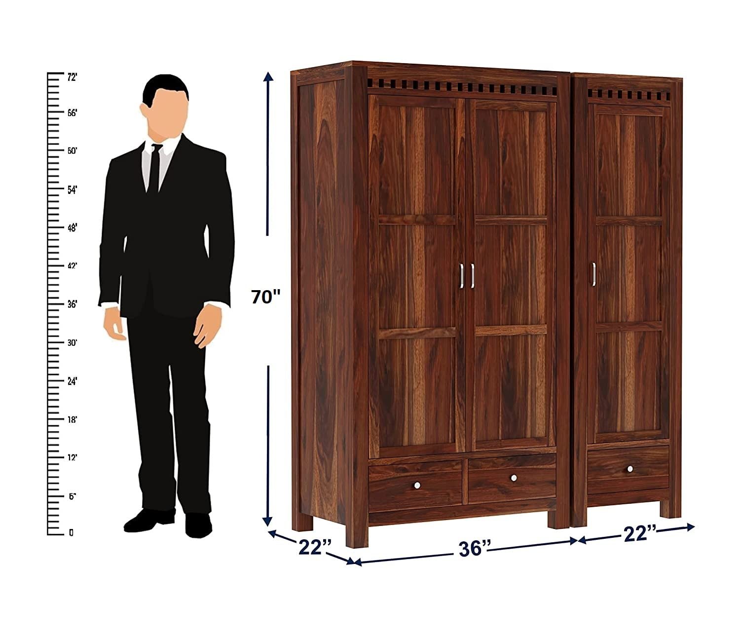 WOODLAB Furniture Sheesham Wood 3 Door Wardrobe Storage with 3 Drawers Wooden Multipurpose Almirah for Home Living Room - Natural Finish — image 2
