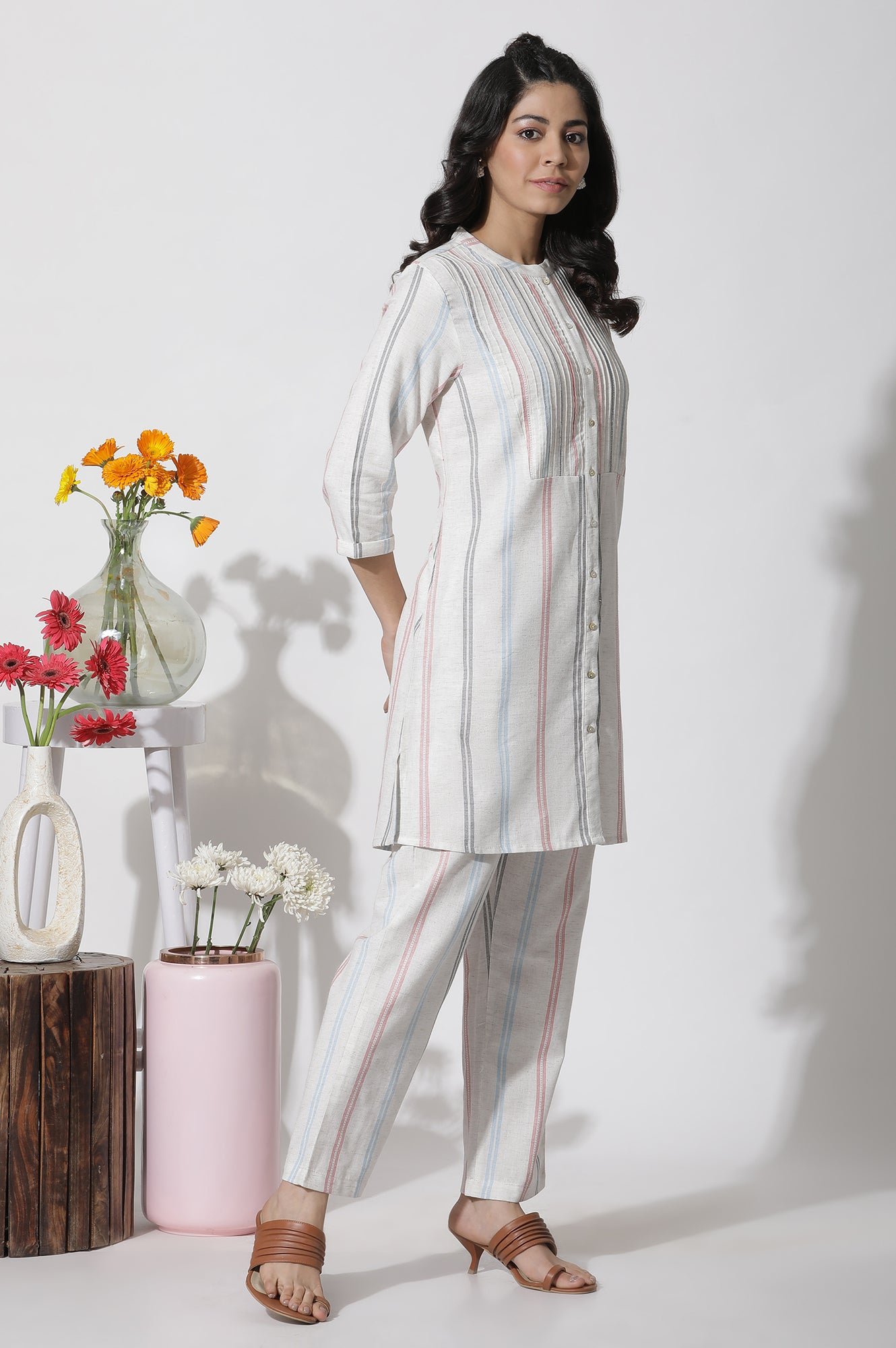 White Stripe Printed Pintuck Tunic And Pants Co-Ord Set — image 6