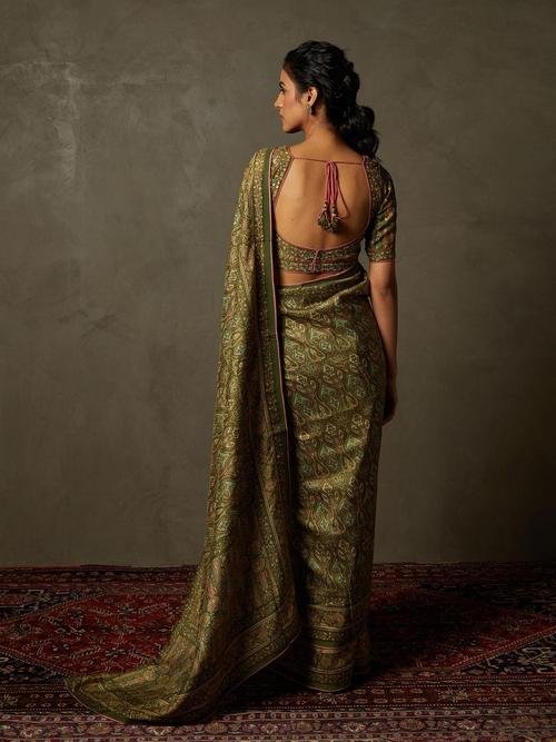 Olive & Beige Shereen Saree With Unstitched Blouse — image 3