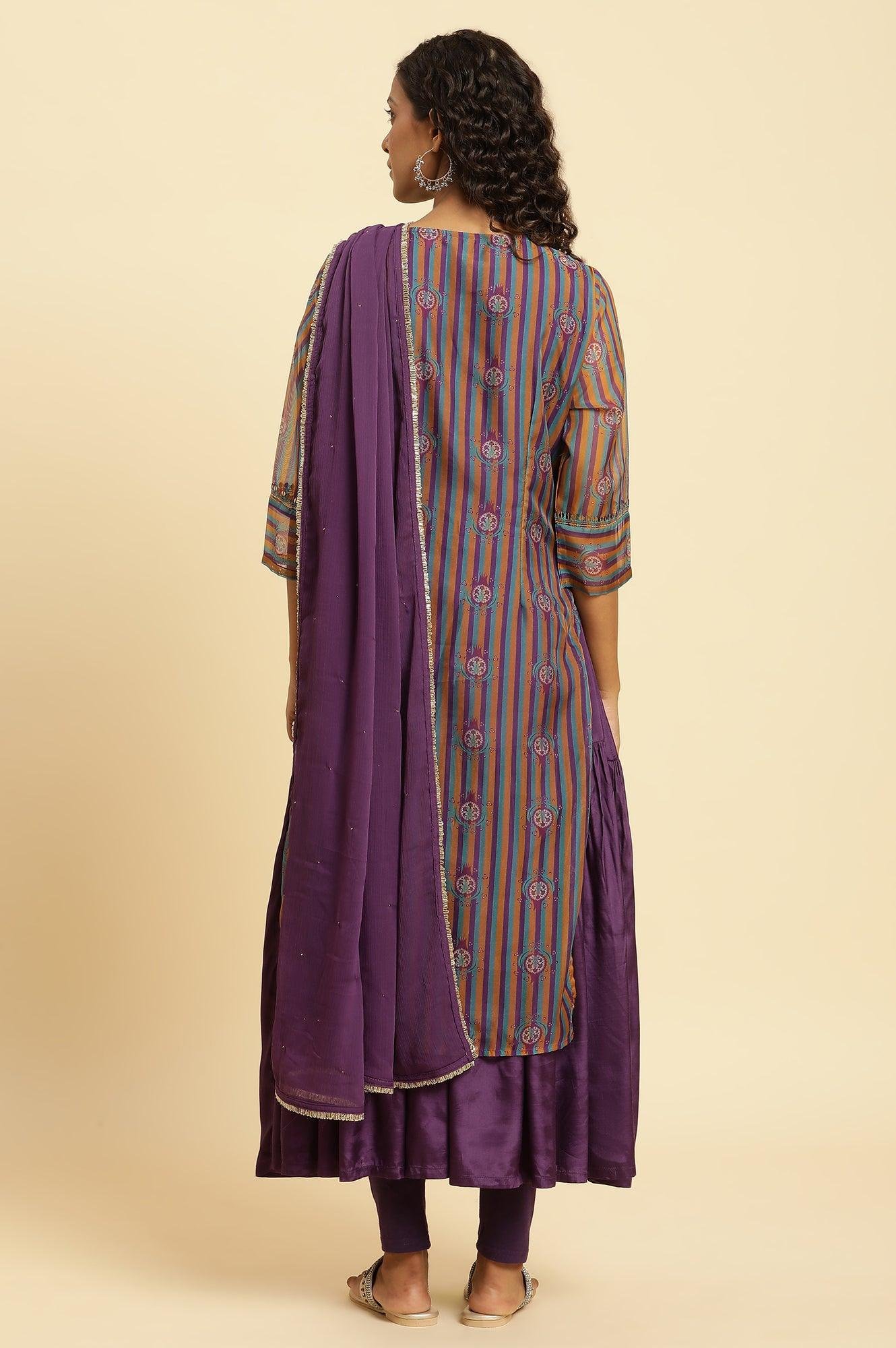 Purple Layered Suzani Printed Kurta, Tights And Dupatta Set — image 3