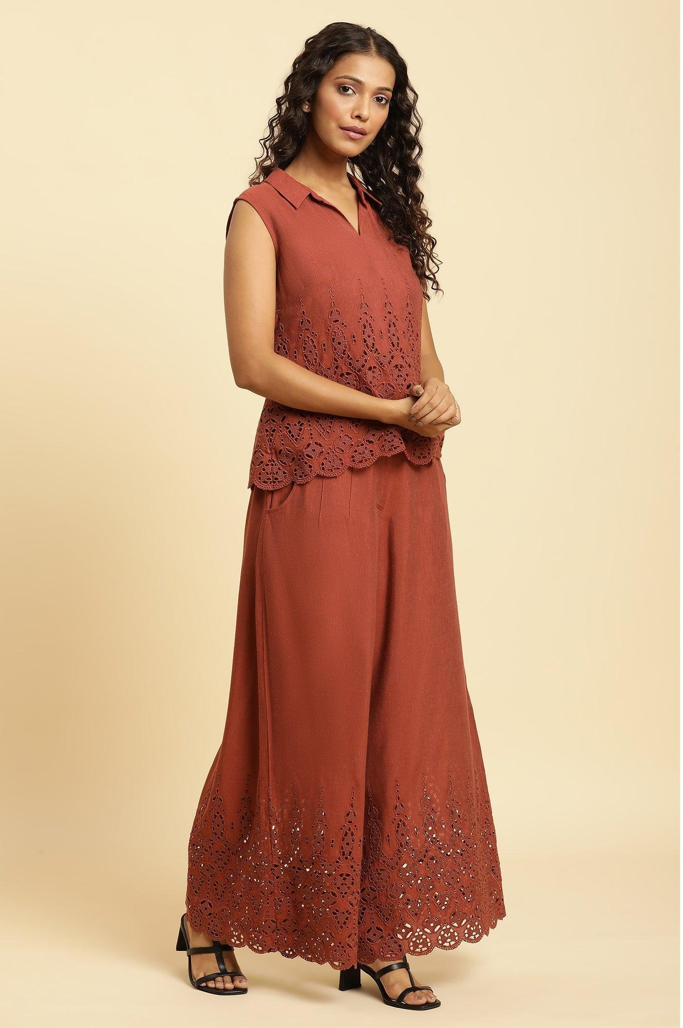 Dark Red Cotton Schiffli Top And Pants Co-Ord Set — image 3