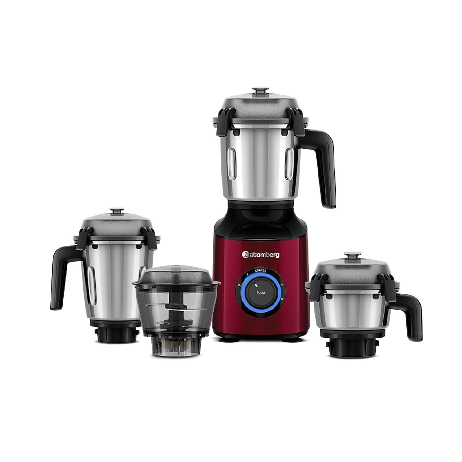 Atomberg Zenova Mixer Grinder | Unique Coarse Mode for Silbatta-like Texture | Intelligent BLDC Motor | Safety Features | 4 Jars including Chopper | Hands-Free Operation (Red Wine)