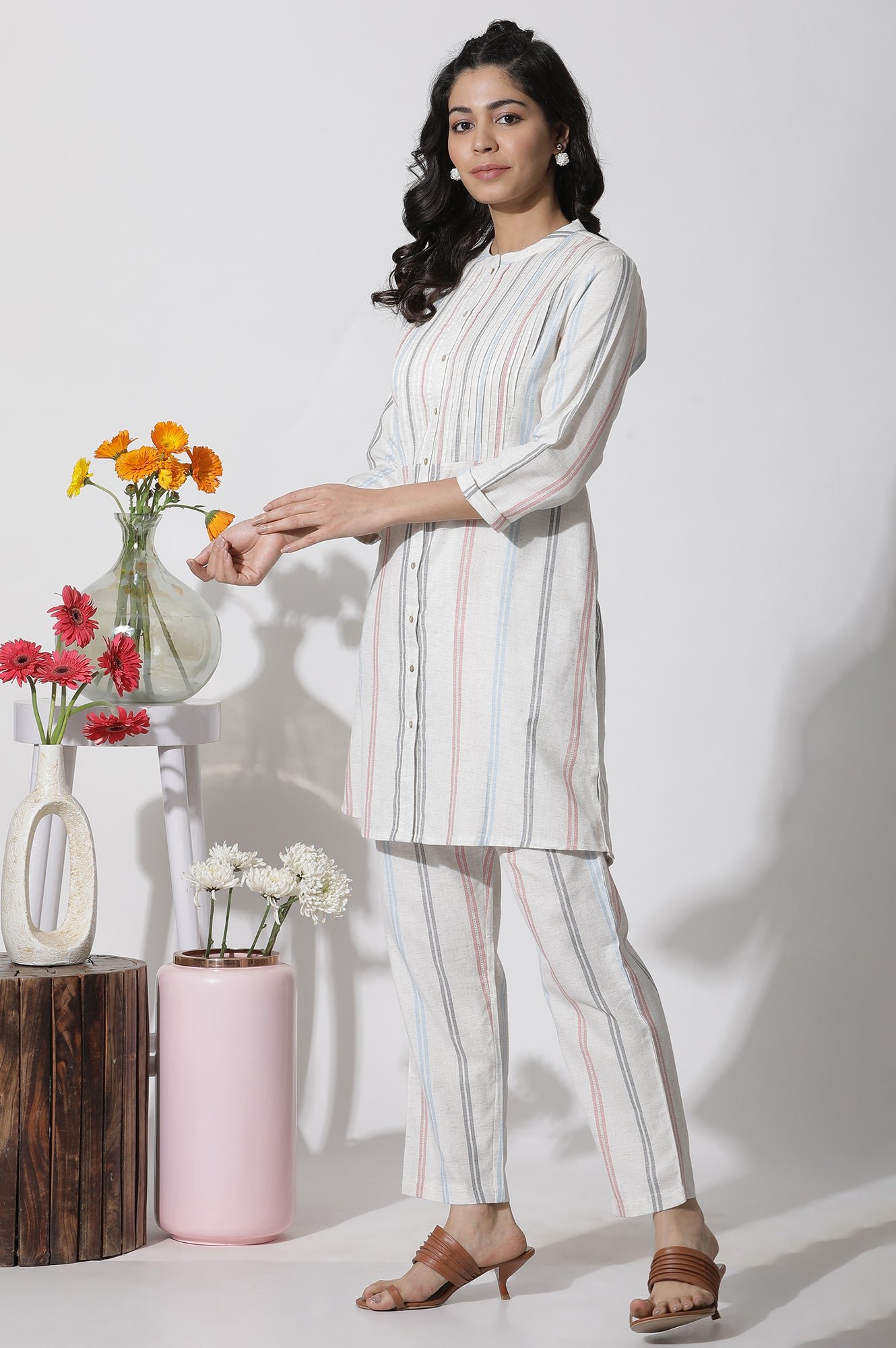 White Stripe Printed Pintuck Tunic And Pants Co-Ord Set — image 8