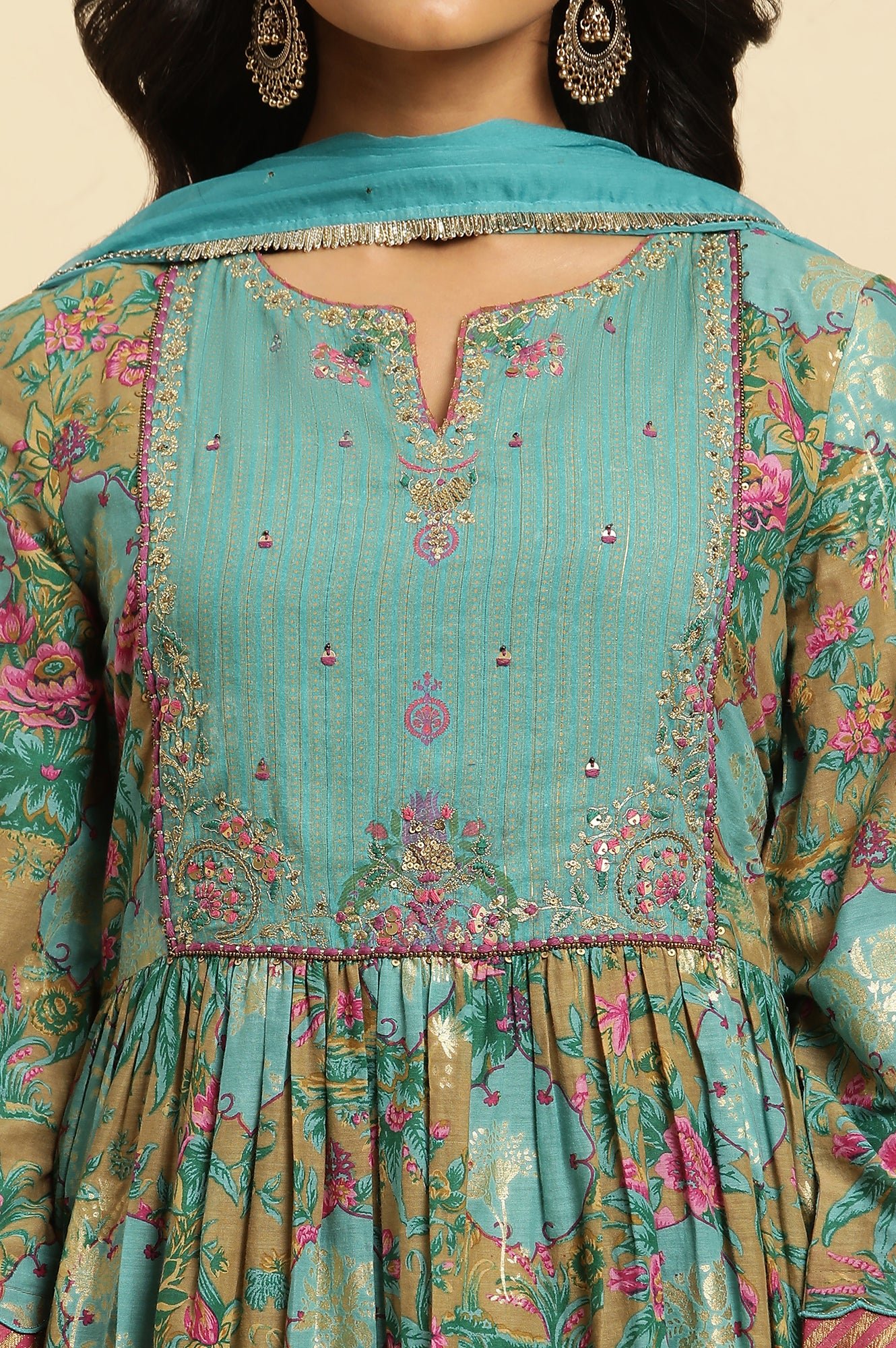 Brown Floral Printed Kurta, Pant And Dupatta Set — image 7