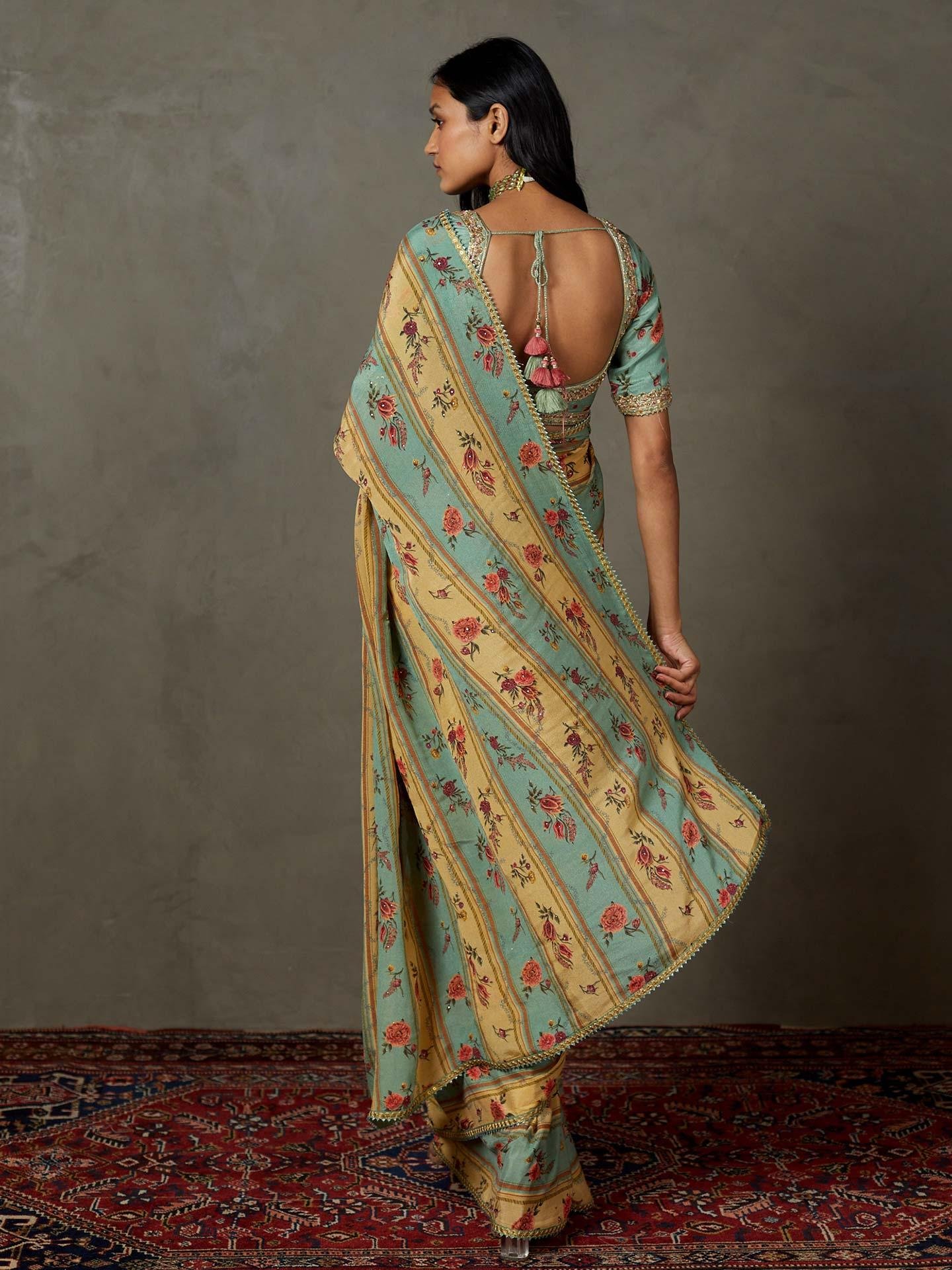 Light Teal Dahlia Saree With Unstitched Blouse — image 6