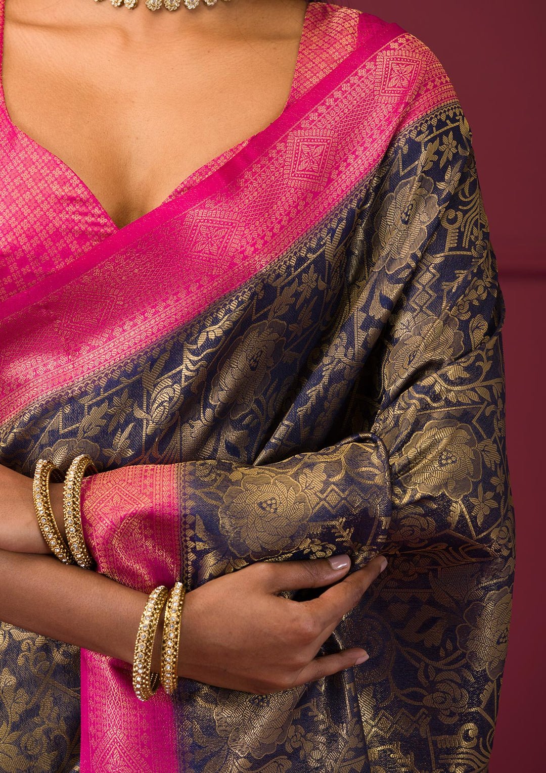 Navy Blue Zariwork Soft Silk Saree — image 2