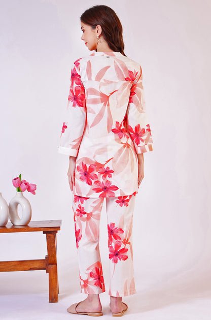 White Bold Floral Printed Pure Cotton Tunic and Straight Pants Co-ord Set — image 2