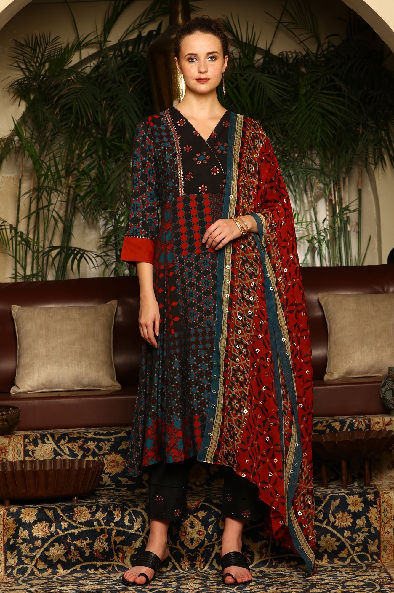 Black Multi-Coloured Patch Printed Metallic Embroidered A-Line Kurta, Pants And Dupatta Set — image 5