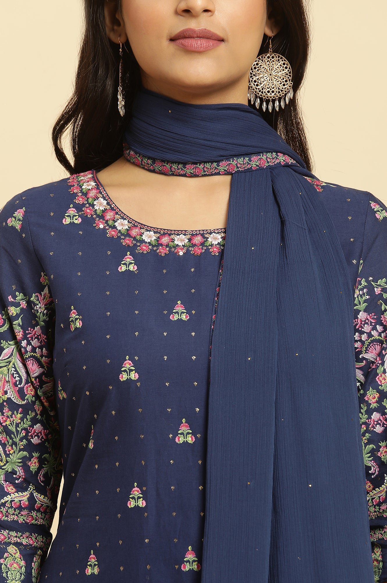 Blue Floral Printed Kurta, Sharara And Dupatta Set — image 2