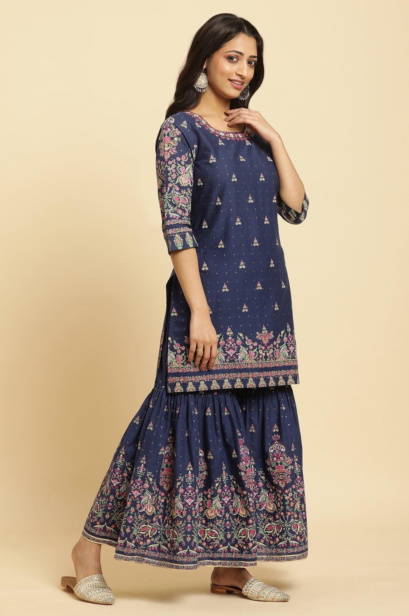 Blue Floral Printed Kurta, Sharara And Dupatta Set — image 2