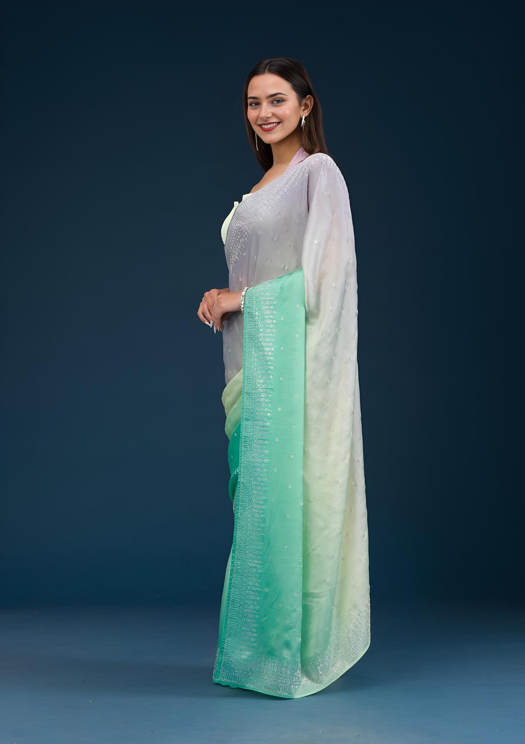 Grey Stonework Satin Saree — image 5
