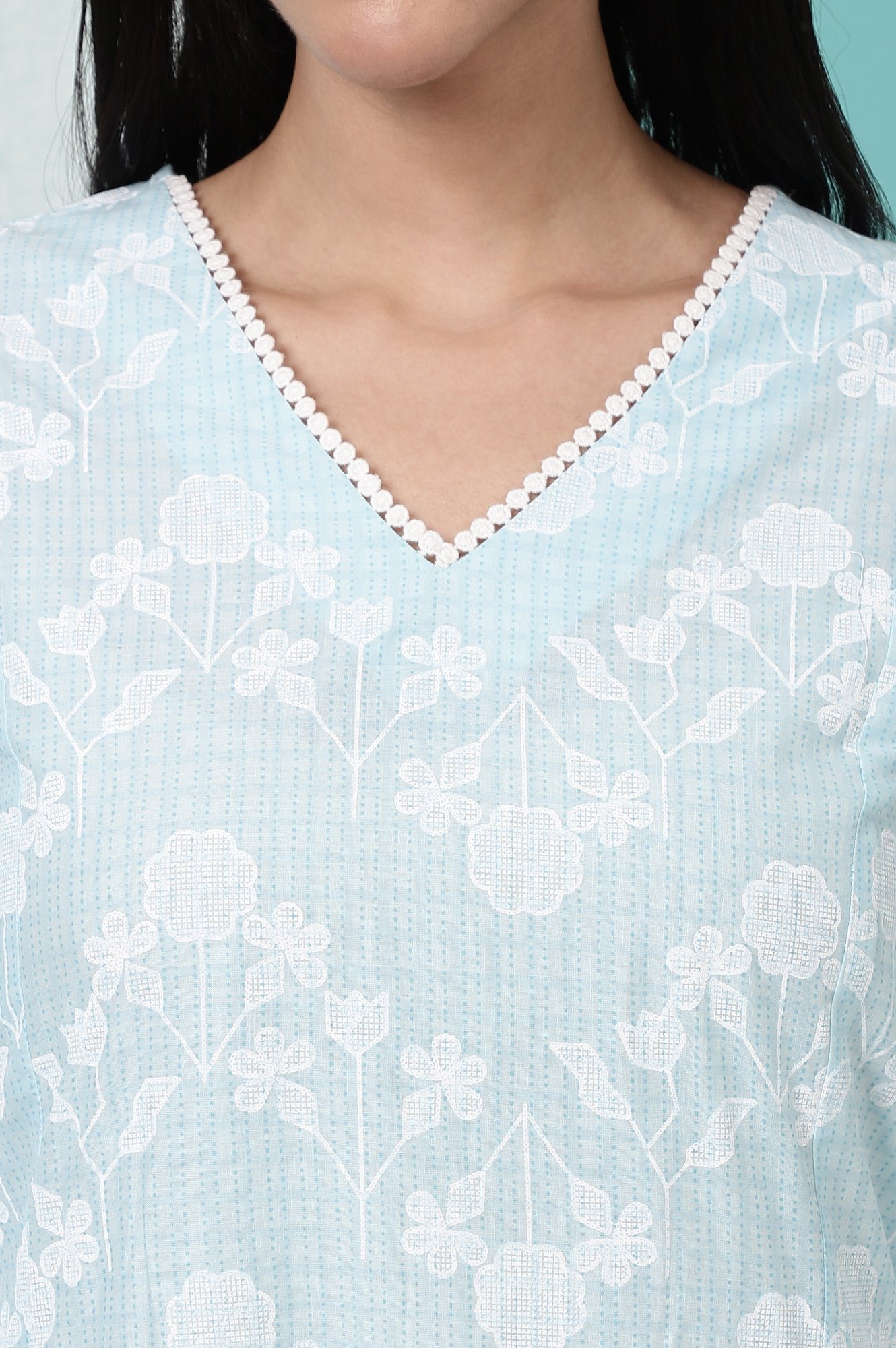 Sky Blue Floral Printed Pure Cotton Straight Kurta and Pants Co-ord Set — image 6