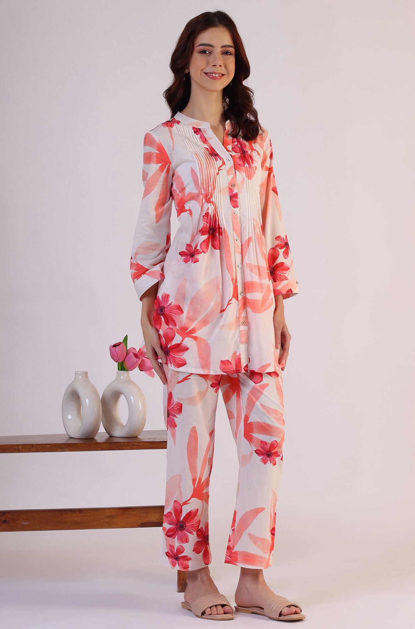 White Bold Floral Printed Pure Cotton Tunic and Straight Pants Co-ord Set — image 5