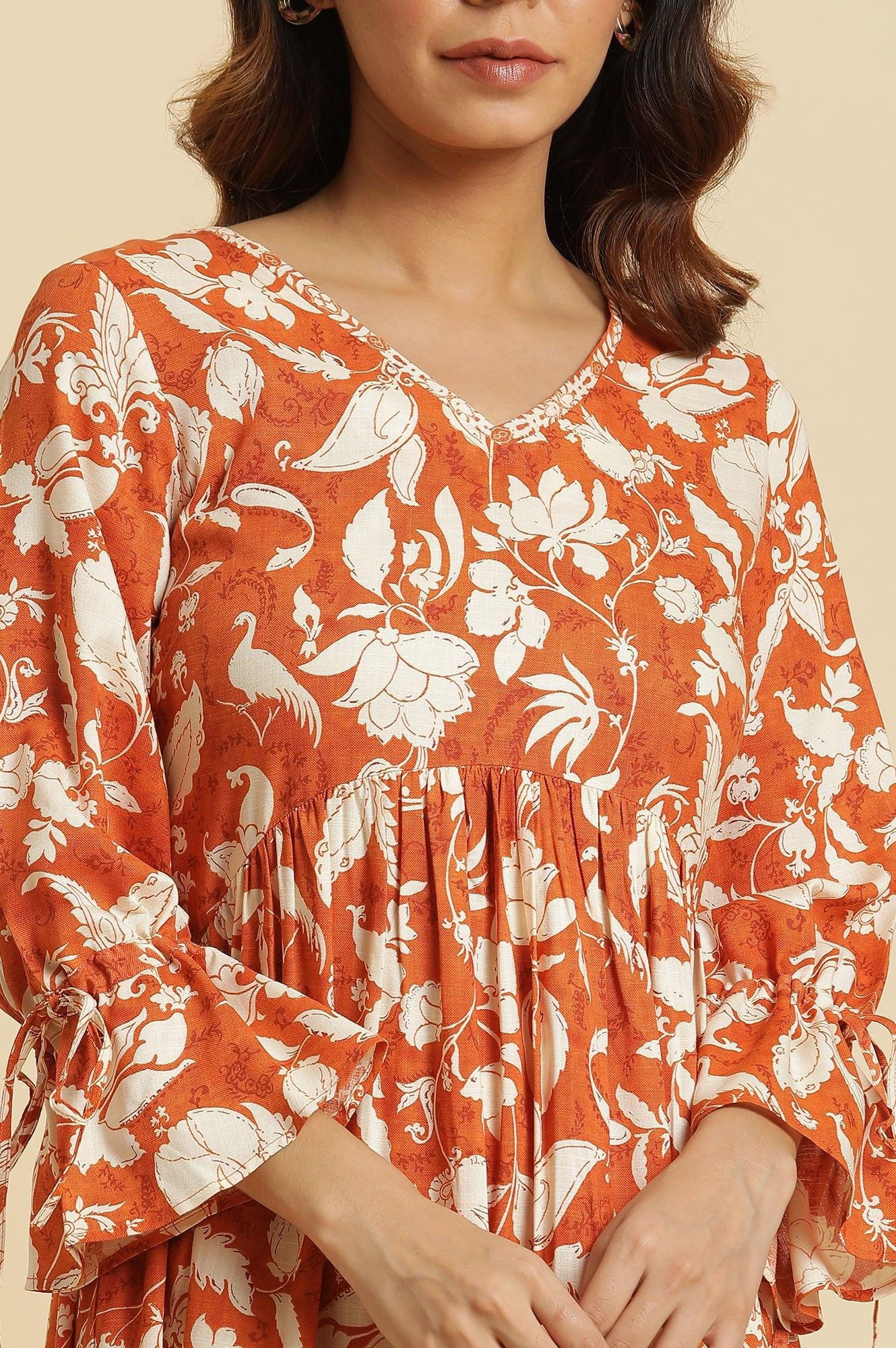 Dark Orange Floral Printed Kurta & Pants Co-Ord Set — image 3