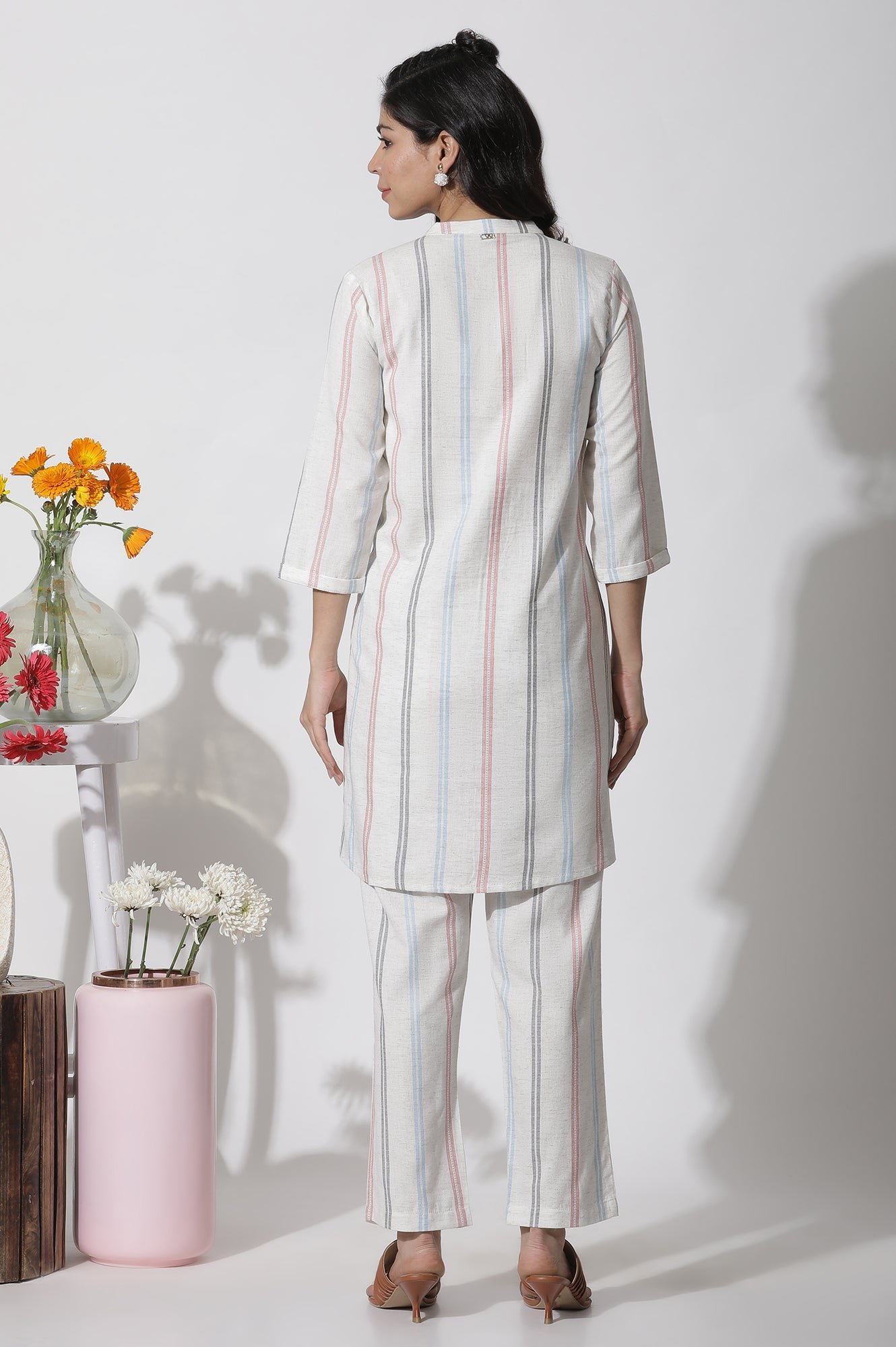 White Stripe Printed Pintuck Tunic And Pants Co-Ord Set — image 7