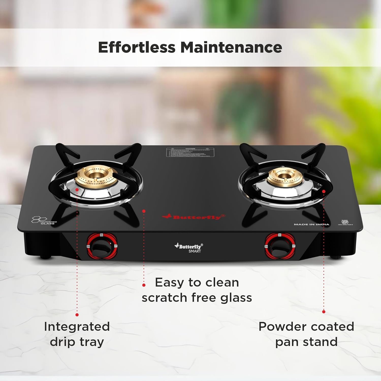 Butterfly Smart 2 Burner Glass Top Gas Stove | Manual Ignition | Scratch Resistant Toughened Glass | Brass Burners | Skid-proof Legs | 1 Year Manufacturer's Warranty | Black — image 2