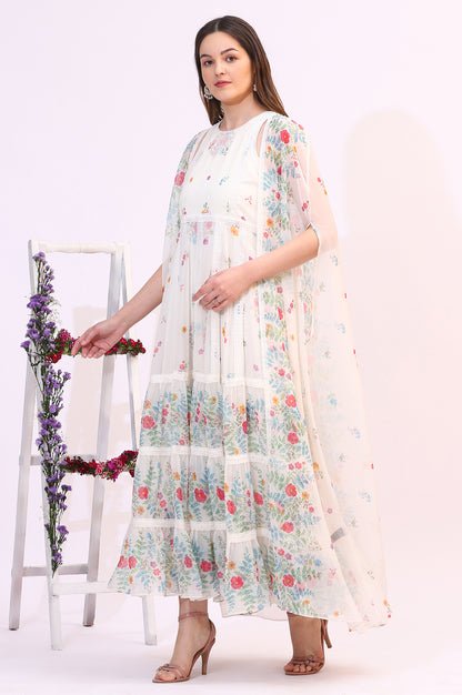 White Floral Printed Chiffon Tiered Flared Dress with Printed Cape — image 5