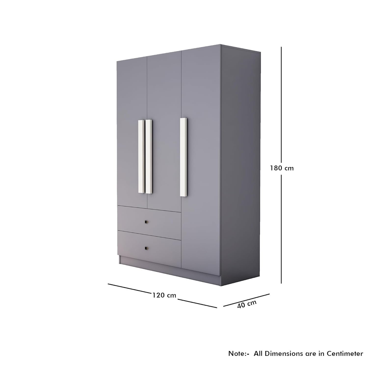Bniture Wooden Almirah for Clothes, Door for Bedroom, 3 Door Wardrobe with 2 Drawer & Hanging Space (40D x 120W x 180H CM) | 3 Year Warranty (Giant Wood & Slate Grey) — image 2
