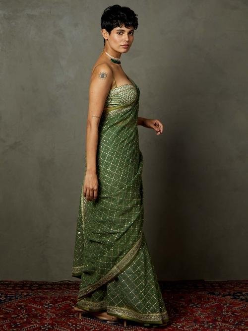 Khaki Rohira Saree With Unstitched Blouse — image 3