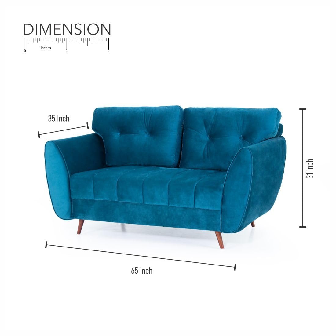 Peachtree Eden 2 Seater Sofa for Living Room| Sofa with 2 Cushions, 3 Year Warranty, Velvet Fabric Sofa with Mango Wooden Frame & Sheesham Wood Legs | Padded Armstyle (Teal Blue) — image 3