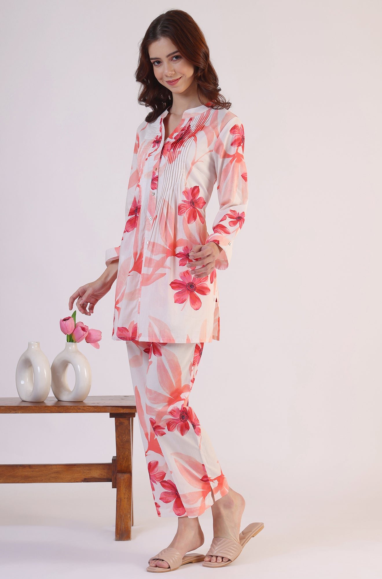 White Bold Floral Printed Pure Cotton Tunic and Straight Pants Co-ord Set — image 8