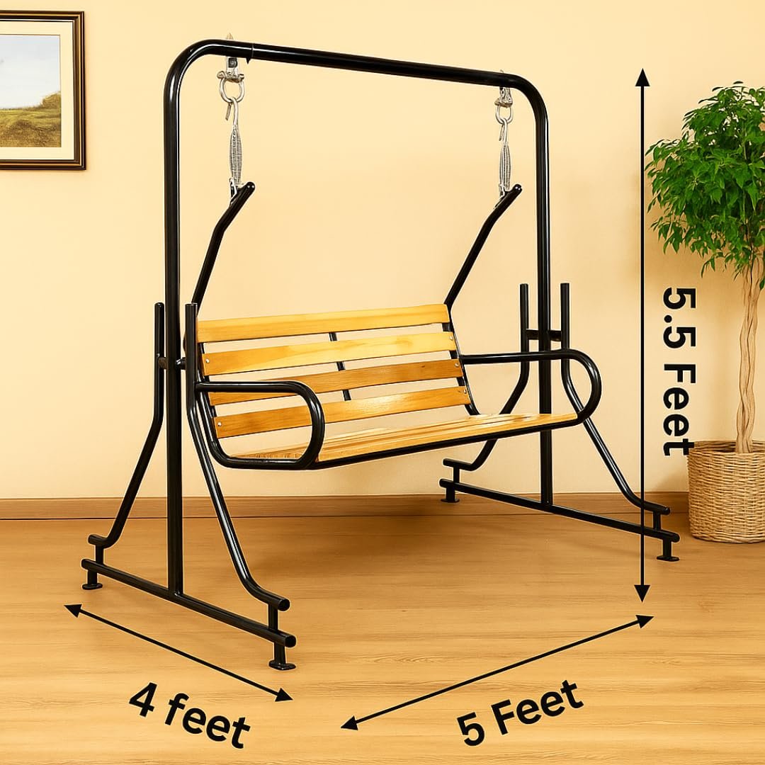 2-Seater Indoor & Outdoor Swing - Natural Wooden Polished (50kg) | Upper Pipe Swing Jhula for Home and Blacony with Sturdy Stand | Strong 300 Kg Capacity Heavy Metal Swing — image 2