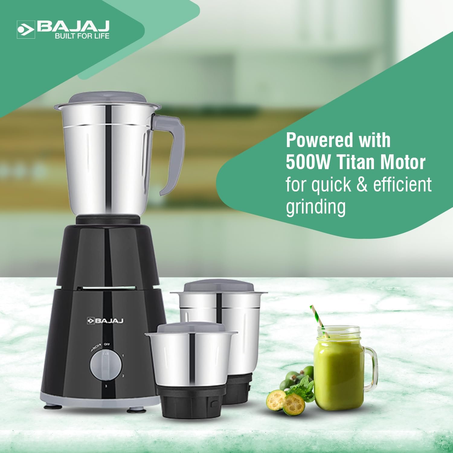 Bajaj GX-1 Mixer Grinder 500W|Superior Mixie For Kitchen|2-in-1 for Dry Grinding| Blade Function With Titan Motor|3 Stainless Steel Mixer Jars|1 Year... — image 4