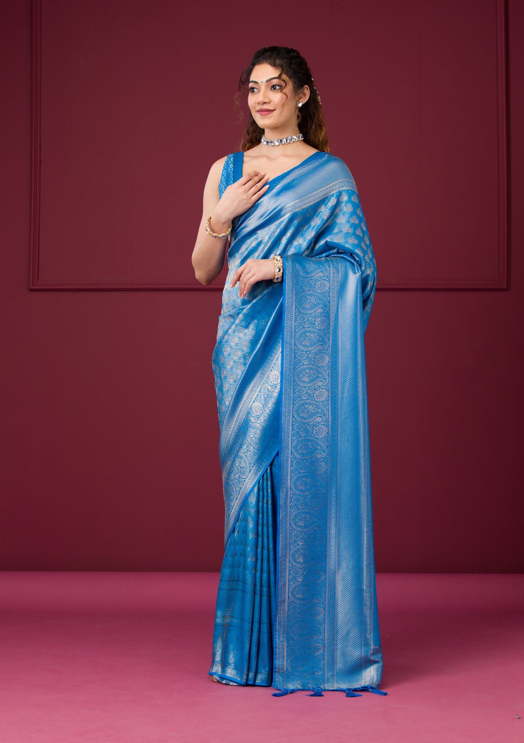 Turquoise Blue Zariwork Art Silk Saree — image 4