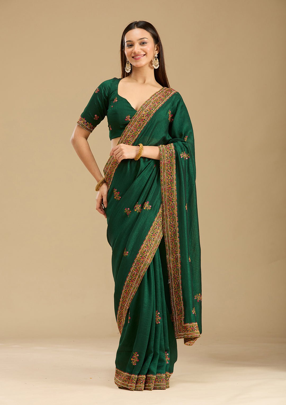 Bottle Green Kashmiri Soft Raw Silk Saree — image 6