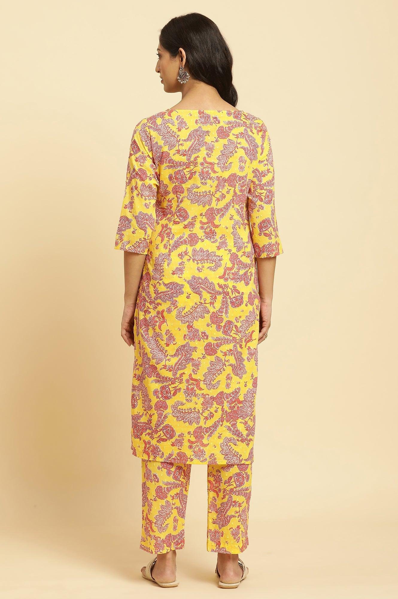 Yellow Floral Printed Cotton Kurta And Pants Co-Ord Set — image 3