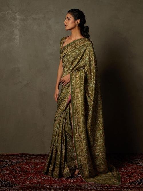 Olive & Beige Shereen Saree With Unstitched Blouse — image 4