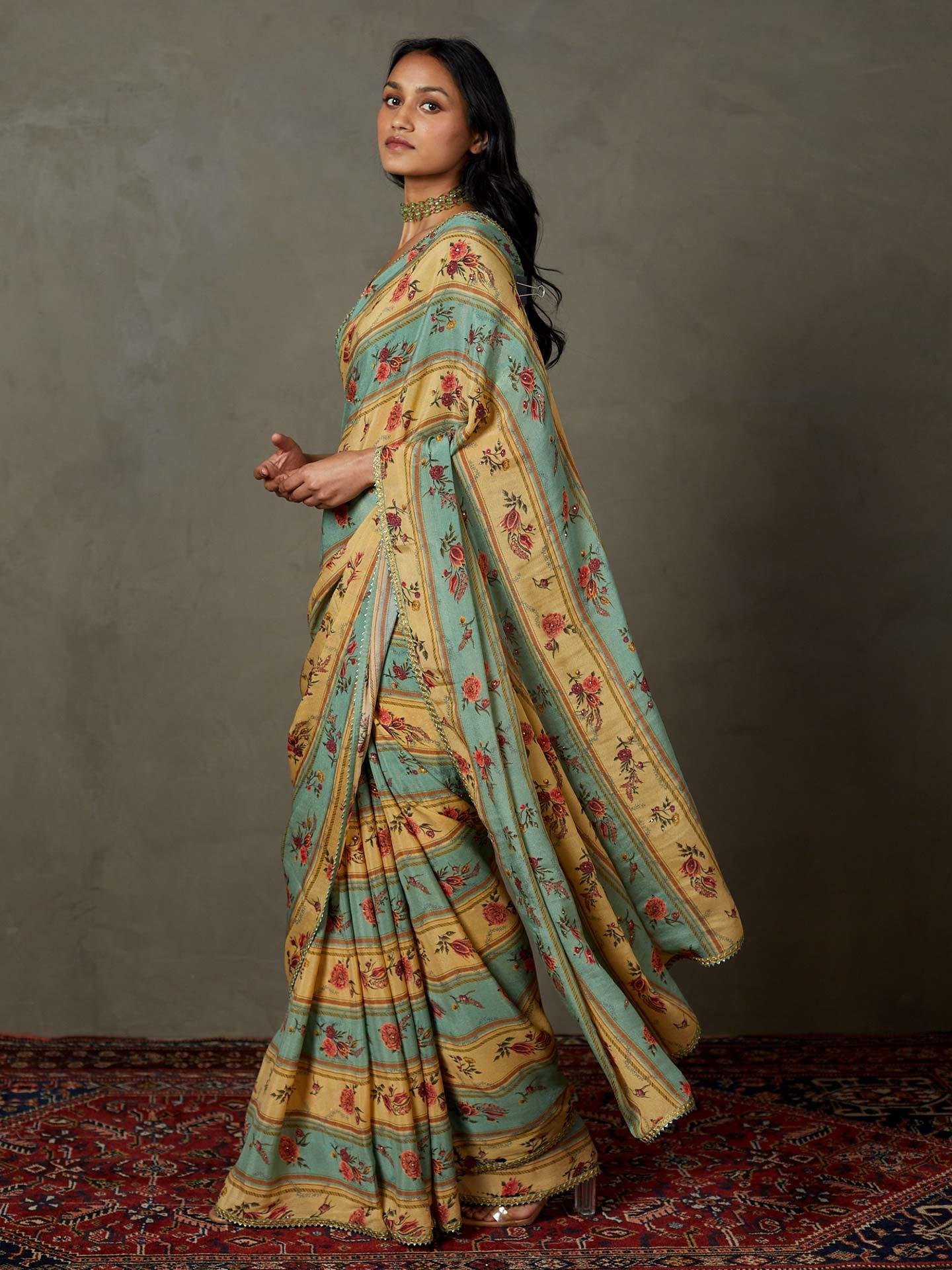 Light Teal Dahlia Saree With Unstitched Blouse — image 4