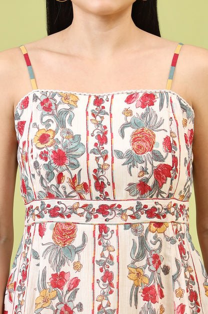 Off-White Vibrant Floral Printed Pure Cotton Flared Spaghetti Dress — image 5