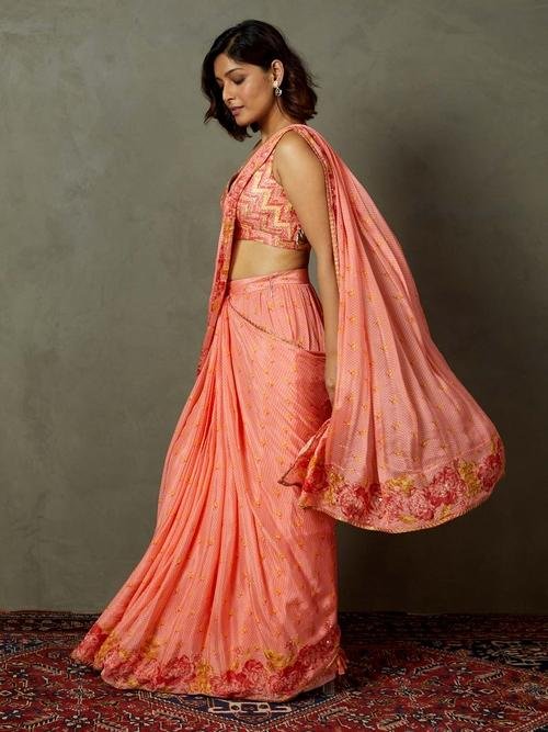 Coral Blue Rose Pre-Draped Saree — image 2