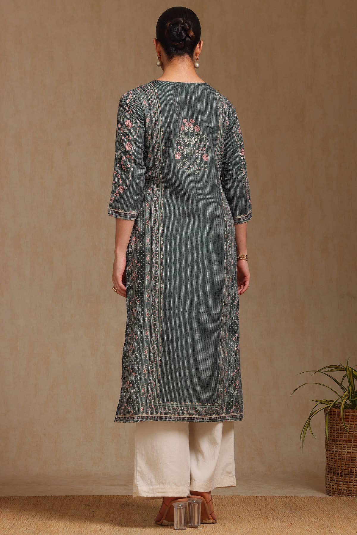 Olive Rayon Botanical Printed Kurta With Mirror Work — image 5