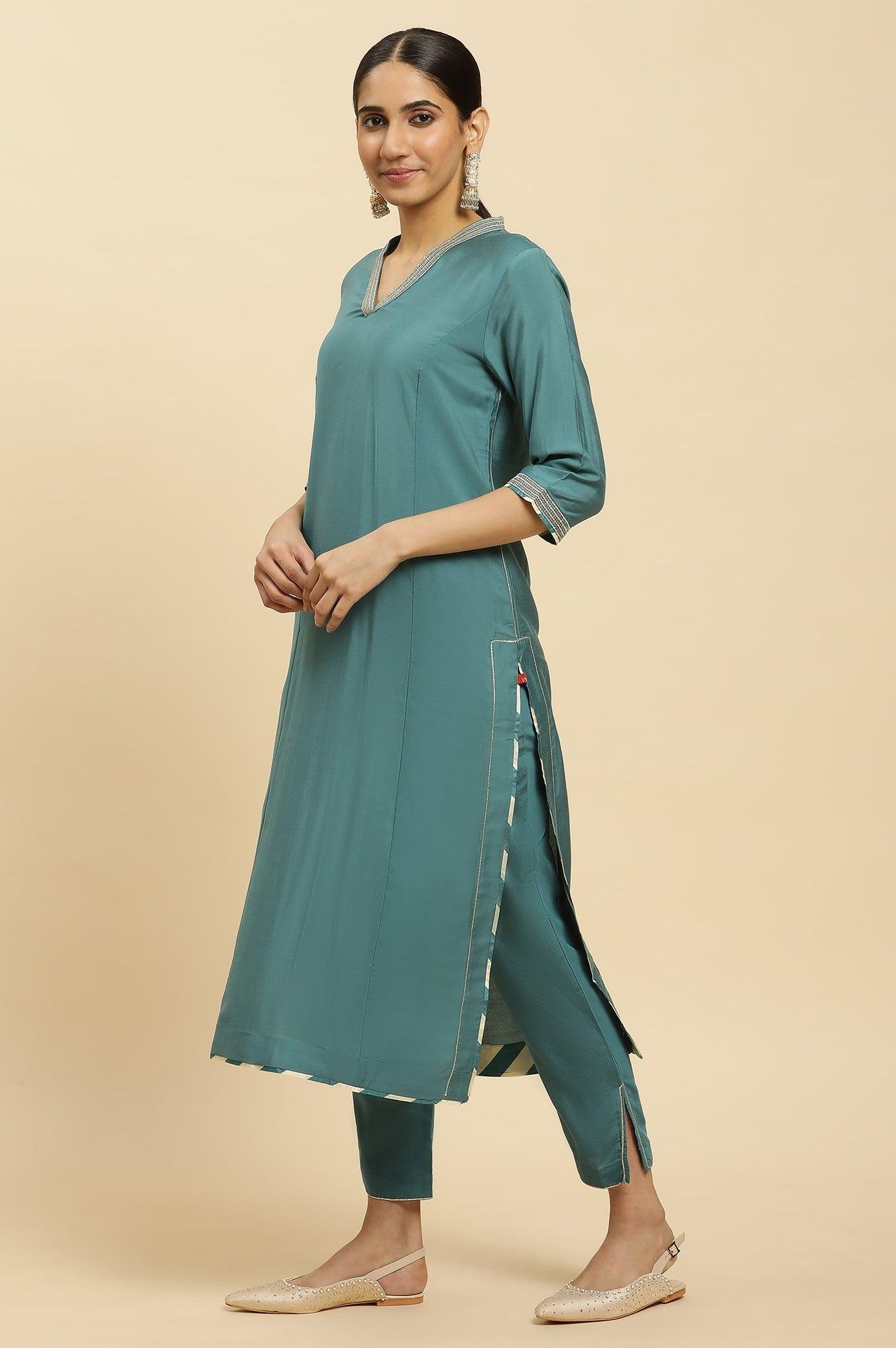 Blue Embellished Kurta, Pants And Jacquard Dupatta Set — image 1