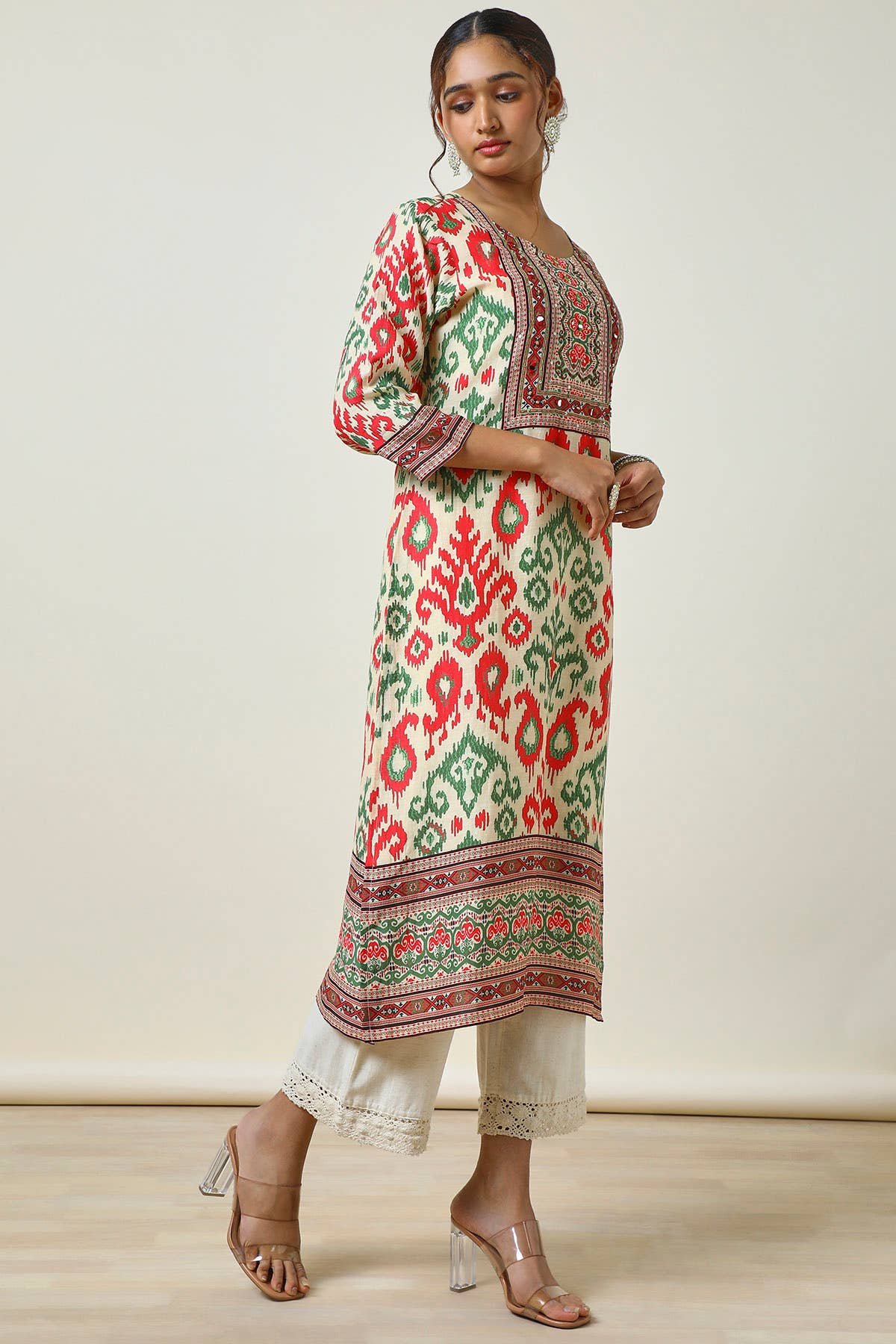 Cream Printed Linen Blend Kurta With Mirror Work — image 3