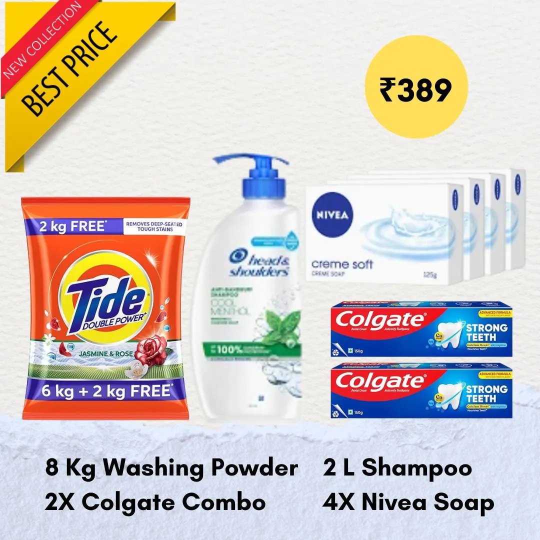8Kg Tide Washing Powder, 2L Shampoo, 2x Colgate Combo, 4x Nivea Soap : Combo Deal — image 1