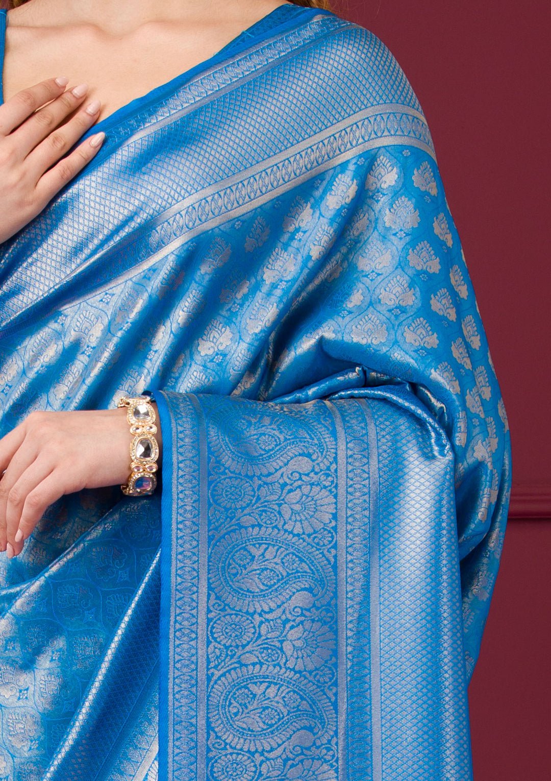 Turquoise Blue Zariwork Art Silk Saree — image 2