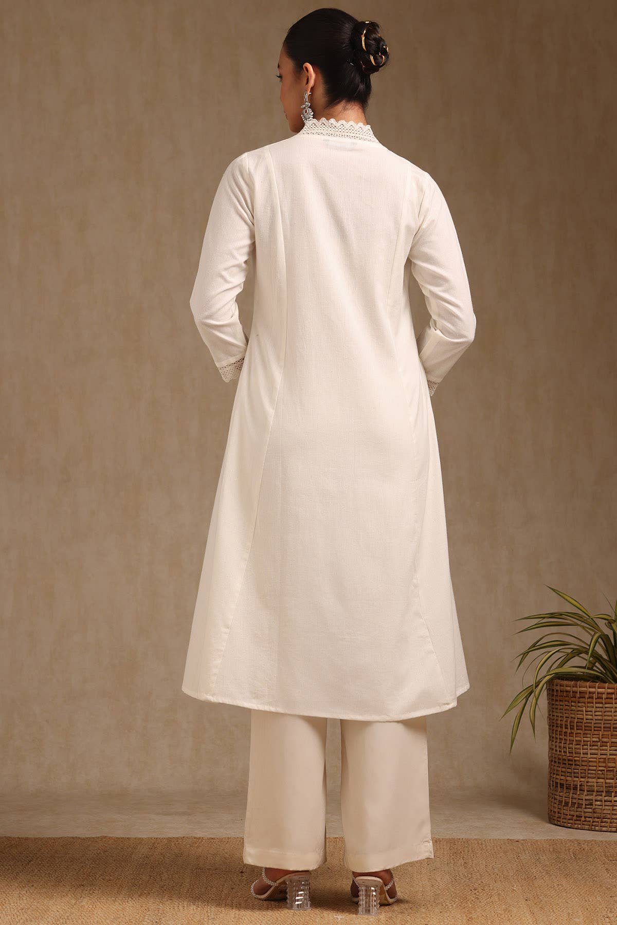 Off White Cotton Solid V-Neck Lace Inserts A-Line Kurta With Front Pleats — image 5